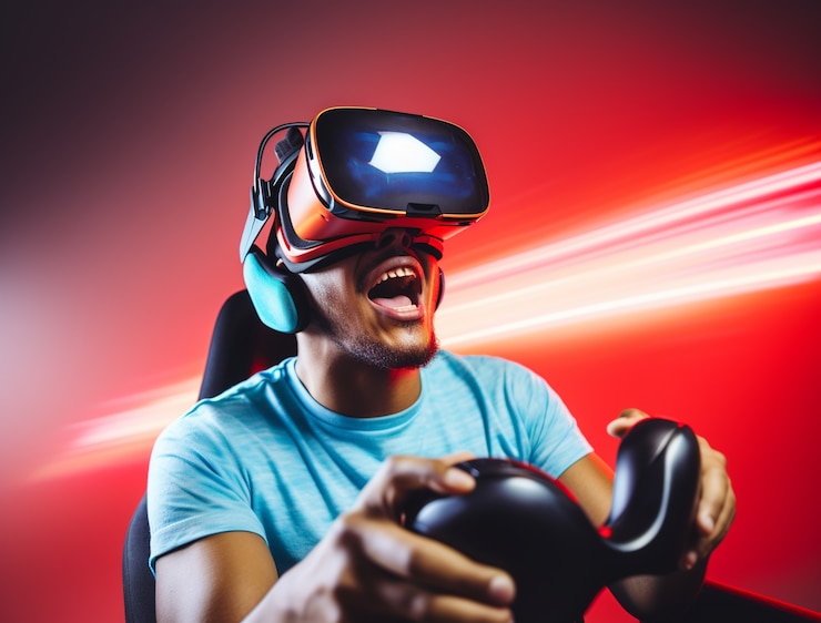 Foto gratuito persona que usa auriculares de realidad virtual futurista para videojuegos