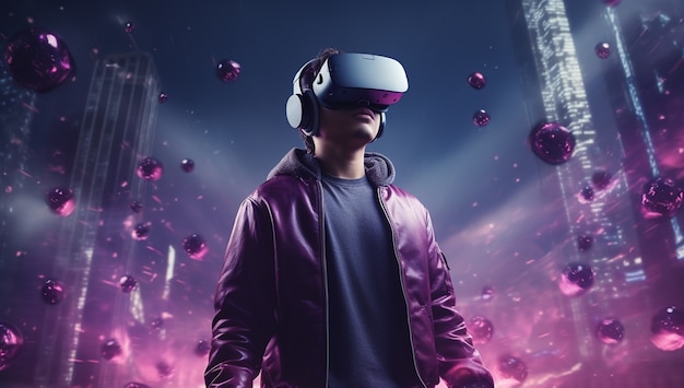 Persona que usa auriculares de realidad virtual futurista para videojuegos