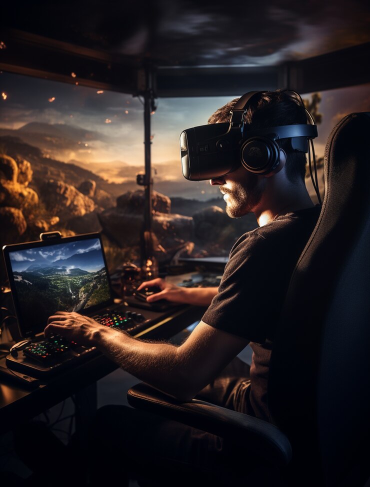 Foto gratuito persona que usa auriculares de realidad virtual futurista para videojuegos