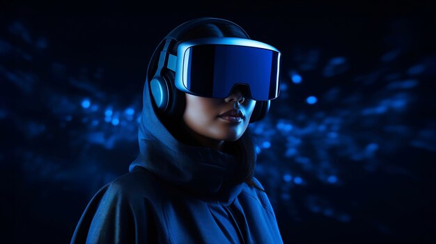 Persona que usa gafas de alta tecnología VR mientras está rodeada de colores de neón azul brillante.