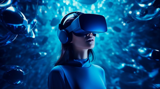 Persona que usa gafas de alta tecnología VR mientras está rodeada de colores de neón azul brillante.