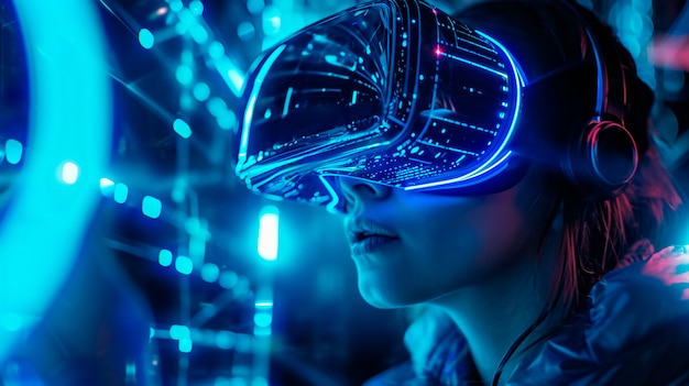 Persona que usa gafas de alta tecnología VR mientras está rodeada de colores de neón azul brillante.