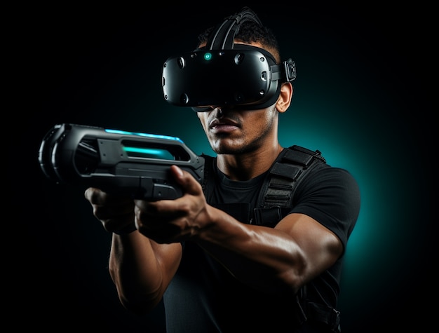 Persona que usa gafas de realidad virtual futuristas para jugar