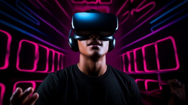 Persona que usa gafas de realidad virtual futuristas para jugar