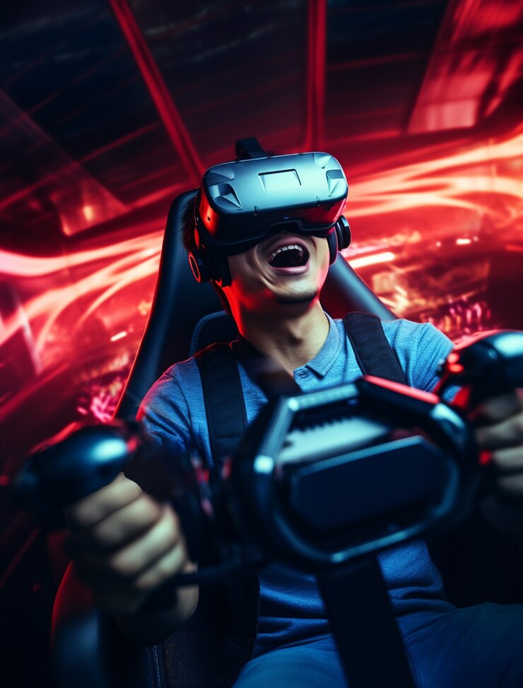 Foto gratuito persona que usa gafas de realidad virtual futuristas para jugar