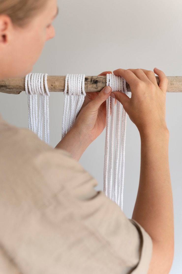 Foto gratuito persona que usa la técnica de macramé en casa