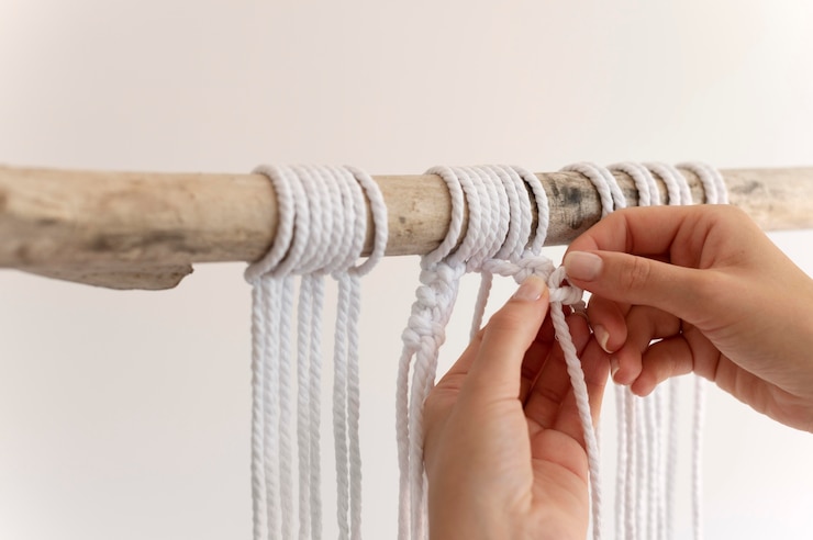 Foto gratuito persona que usa la técnica de macramé en casa