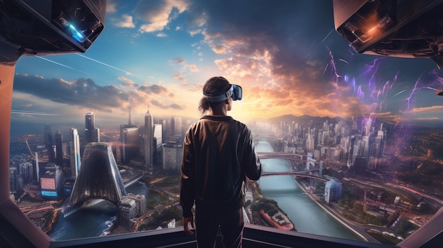 Persona que utiliza un casco de realidad virtual futurista