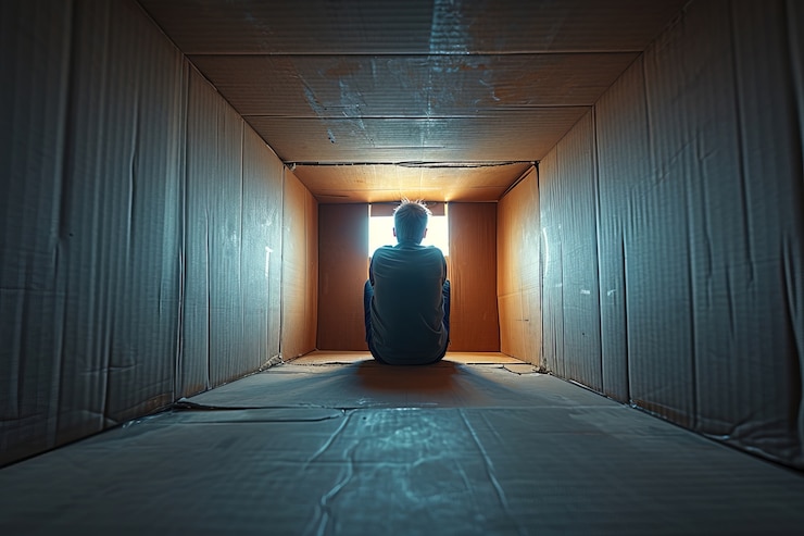 Foto gratuito persona que vive dentro de una caja
