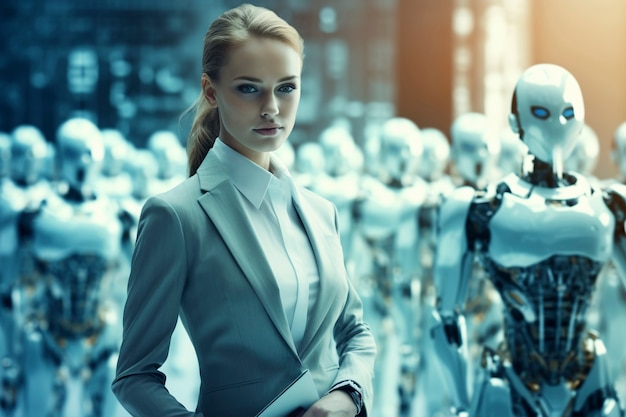 Persona rodeada de compañeros de trabajo de robots