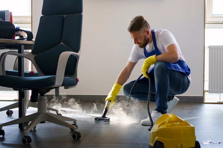 Foto gratuito persona de servicio de limpieza profesional que usa limpiador de vapor en la oficina