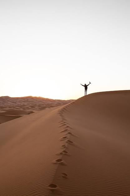 Persona solitaria de pie encima de una duna de arena en un desierto al atardecer