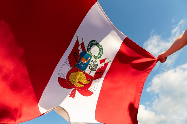 Persona sosteniendo la bandera de Perú al aire libre