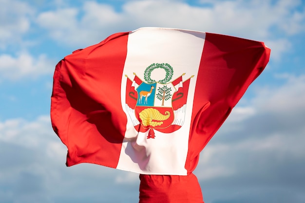 Foto gratuita persona sosteniendo la bandera de perú al aire libre