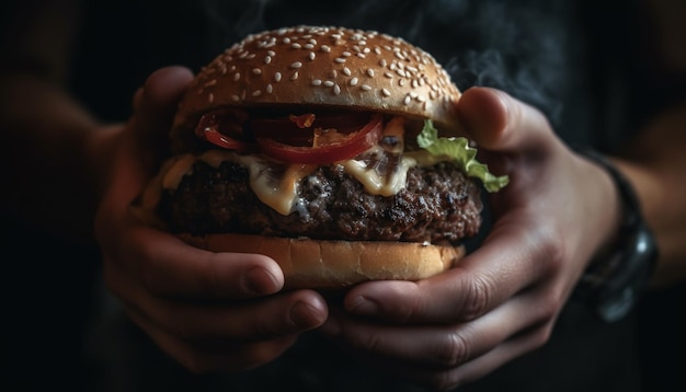 Foto gratuita una persona sosteniendo una hamburguesa con tocino