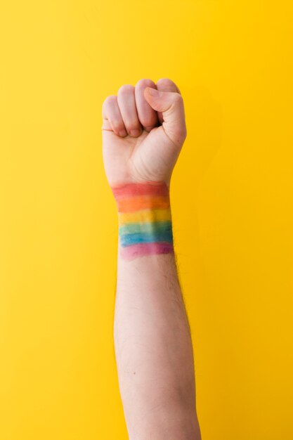 Persona sosteniendo el puño con la bandera del arco iris en la muñeca