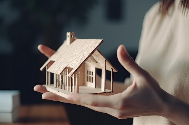 Foto gratuita una persona sostiene una pequeña casa de madera en sus manos.