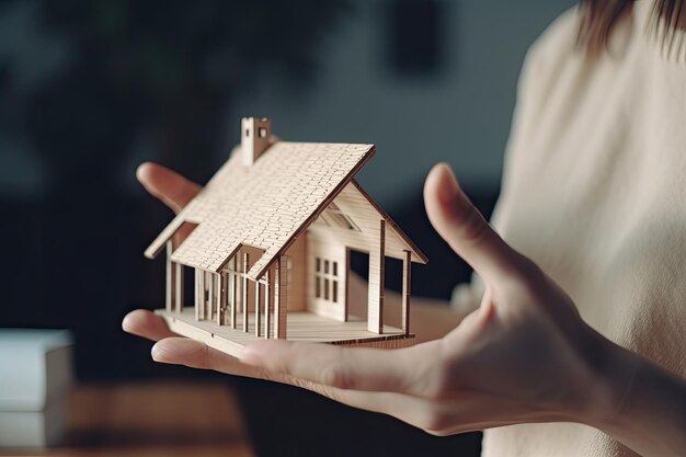 Una persona sostiene una pequeña casa de madera en sus manos.