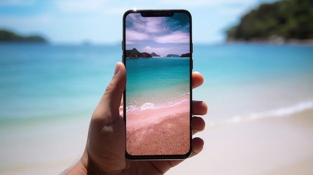 Persona con un teléfono inteligente con vista a la playa en verano