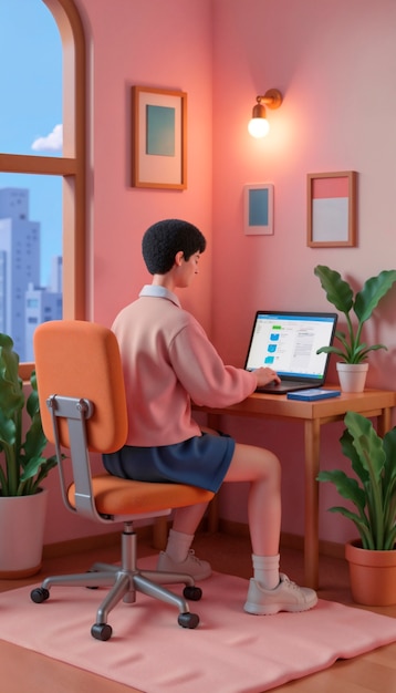 Persona trabajando en una computadora portátil en una acogedora oficina en casa de color rosa