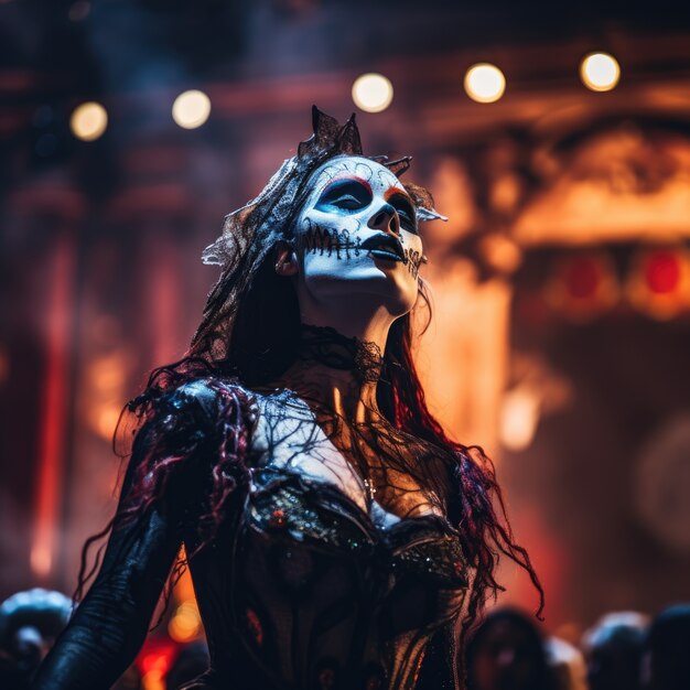 Persona con traje de estilo gótico y maquillaje interpretando un drama para el día mundial del teatro