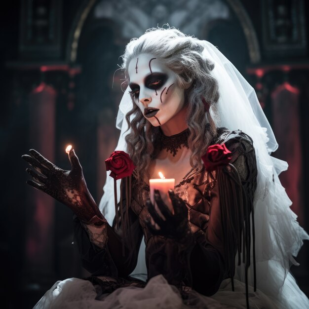 Persona con traje de estilo gótico y maquillaje interpretando un drama para el día mundial del teatro