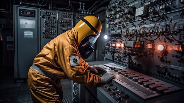 Foto gratuita persona con traje de protección contra peligros que trabaja en una central nuclear