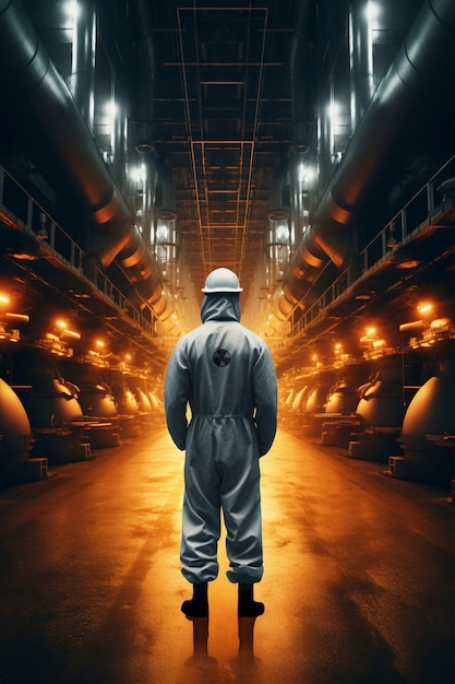 Persona con traje de protección contra peligros que trabaja en una central nuclear