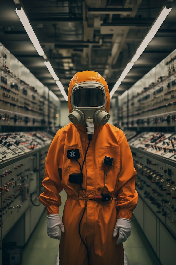 Foto gratuito persona con traje de protección contra sustancias peligrosas que trabaja en una planta de energía nuclear