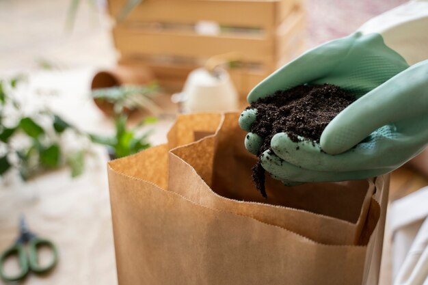 Persona trasplantando plantas en macetas nuevas