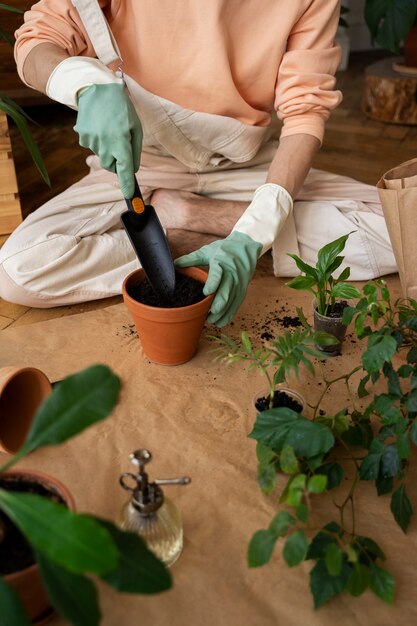 Persona trasplantando plantas en macetas nuevas