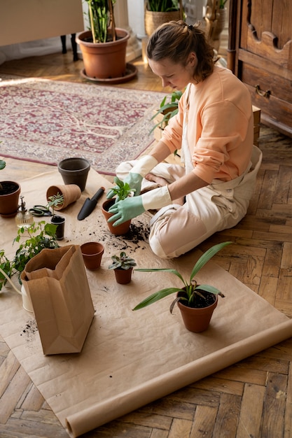 Persona trasplantando plantas en macetas nuevas