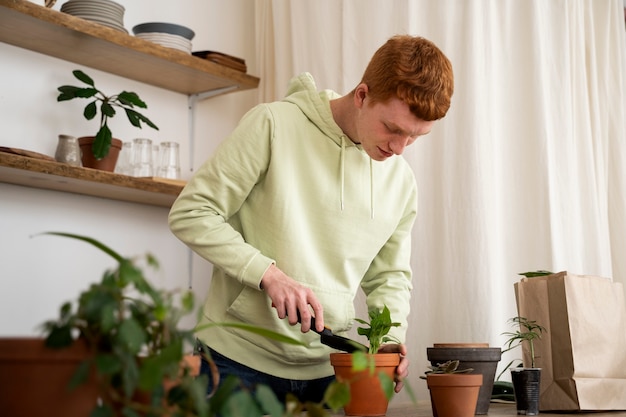 Persona trasplantando plantas en macetas nuevas