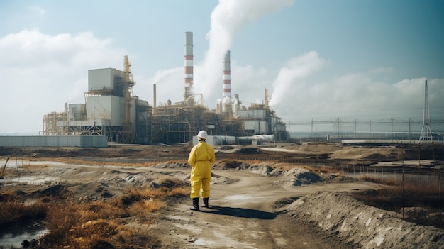 Foto gratuita persona vestida con traje de materiales peligrosos trabajando en una planta de energía nuclear