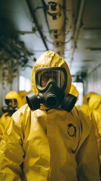 Persona vestida con traje de materiales peligrosos trabajando en una planta de energía nuclear