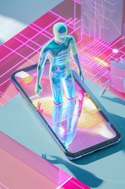 Un personaje 3D emergiendo de un teléfono inteligente