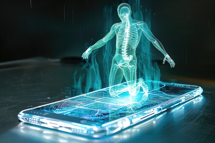 Foto gratuito un personaje 3d emergiendo de un teléfono inteligente