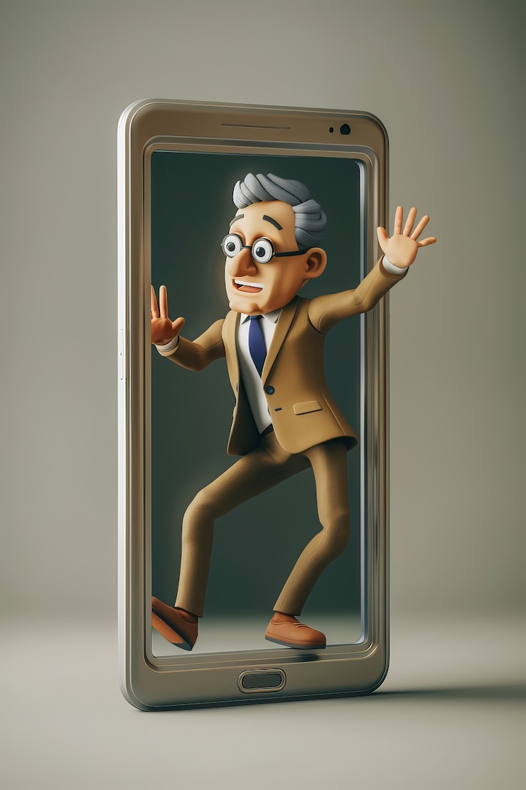 Foto gratuito un personaje 3d emergiendo de un teléfono inteligente