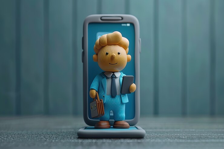 Foto gratuito un personaje 3d emergiendo de un teléfono inteligente