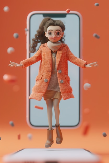 Foto gratuita un personaje 3d emergiendo de un teléfono inteligente