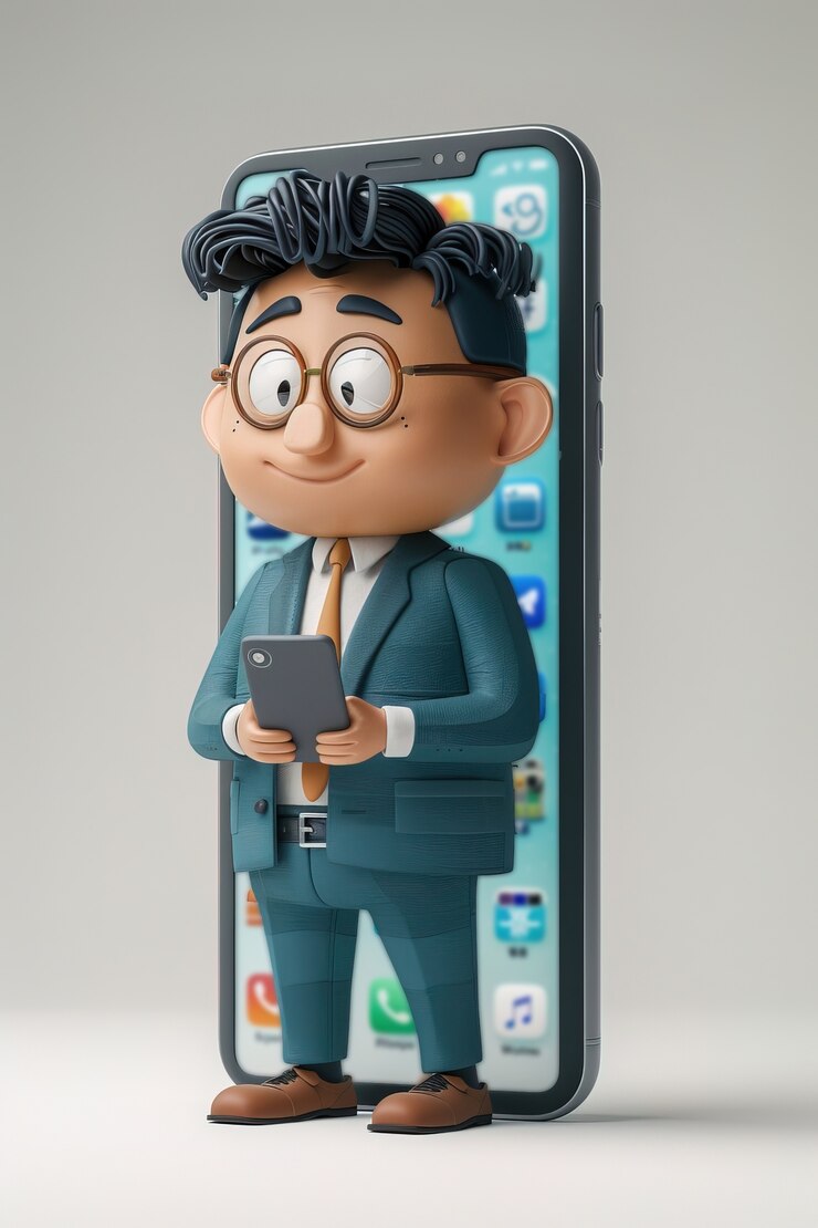 Foto gratuito un personaje 3d emergiendo de un teléfono inteligente
