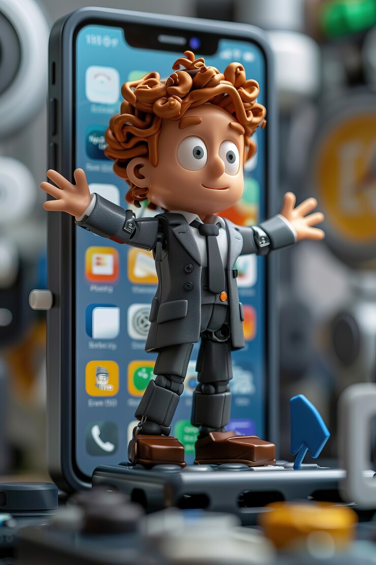 Foto gratuito un personaje 3d emergiendo de un teléfono inteligente