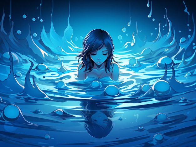 Personaje de anime femenino bajo el agua