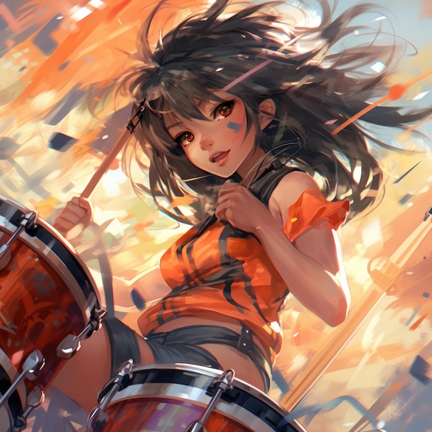 Personaje de anime tocando la batería