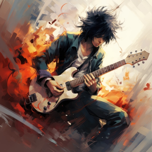 Personaje de anime tocando la guitarra