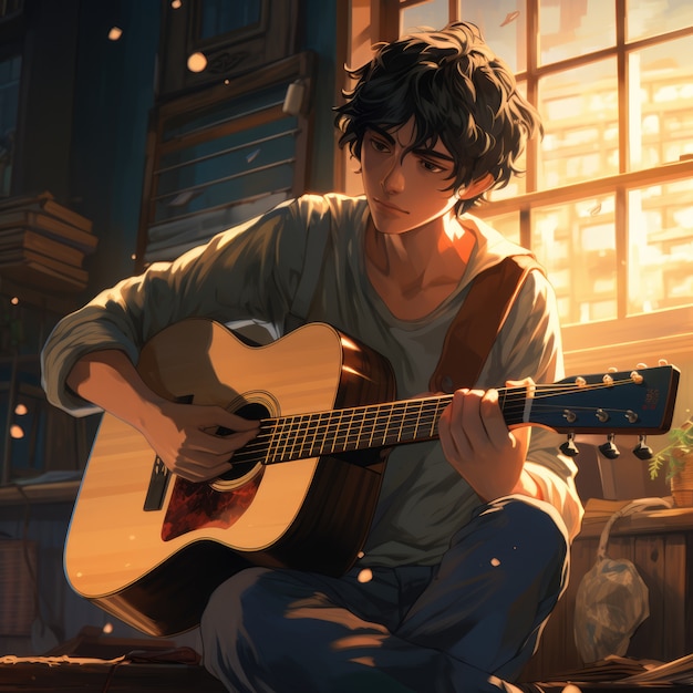 Foto gratuita personaje de anime tocando la guitarra