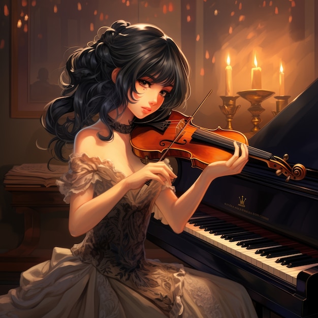 Personaje de anime tocando el piano