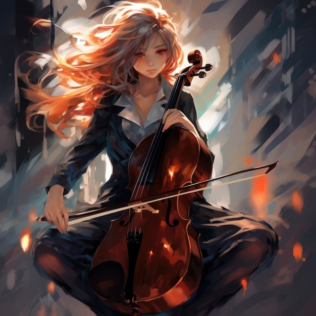 Foto gratuita personaje de anime tocando el violonchelo