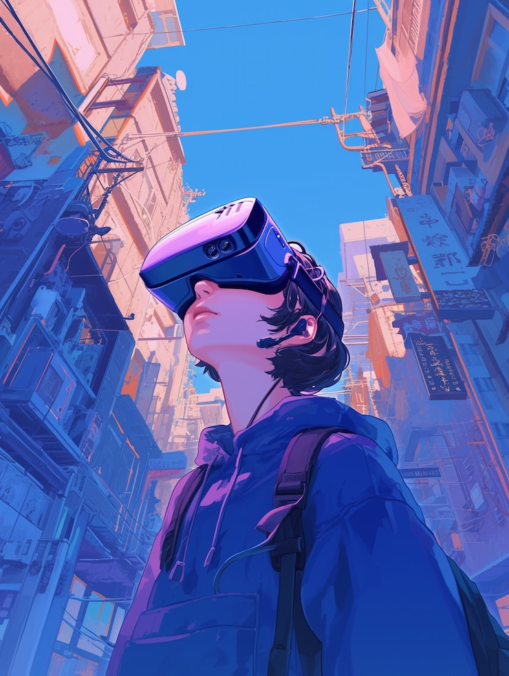 Foto gratuito personaje de anime usando gafas de realidad virtual en el metaverso