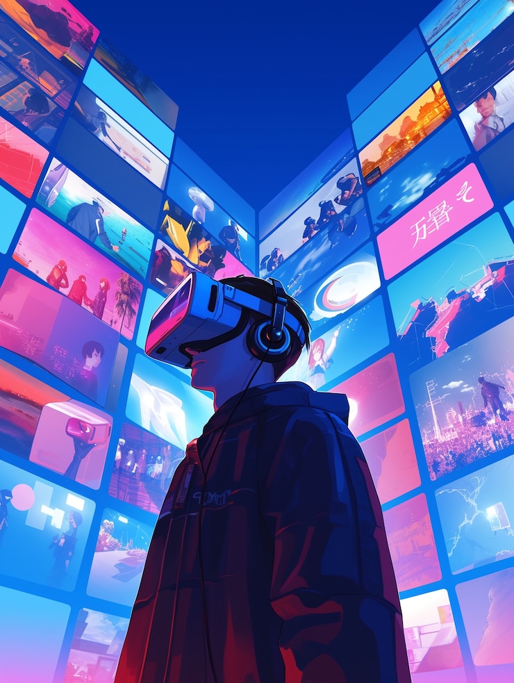 Foto gratuito personaje de anime usando gafas de realidad virtual en el metaverso